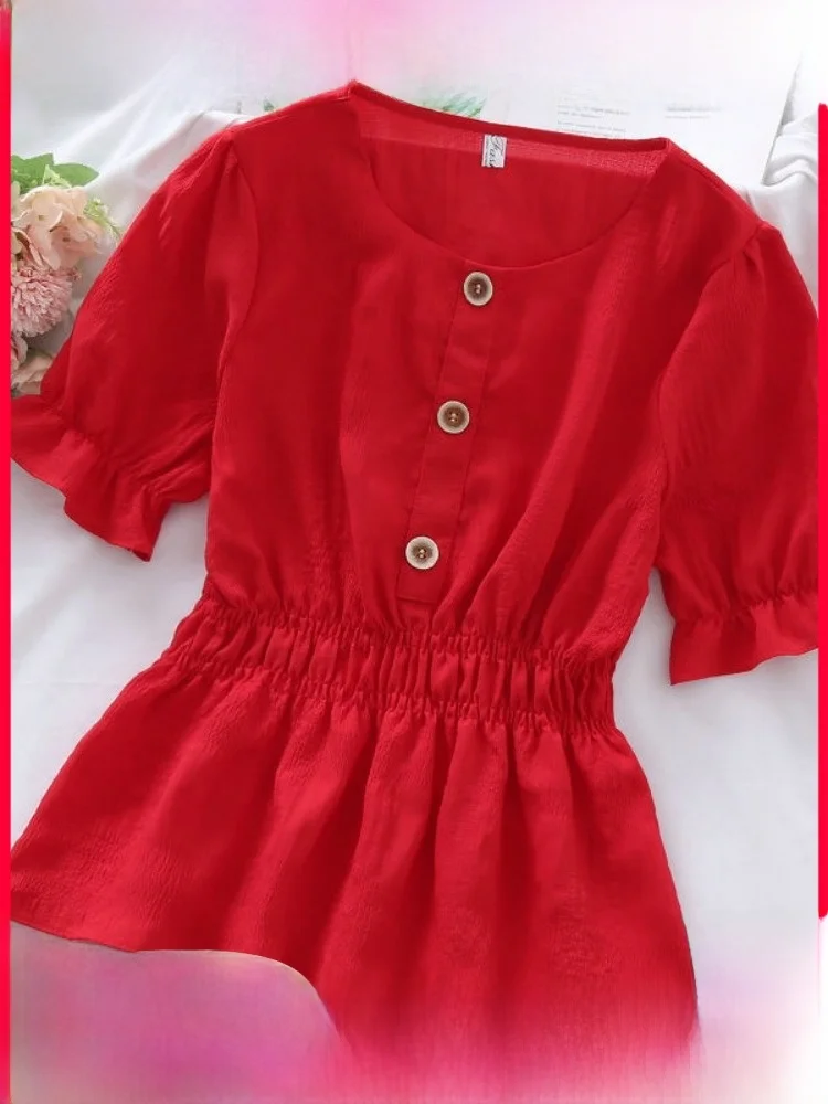 

Summer New Style Korean Version Short Sleeve Shirt Beautiful Waist Cinching Pleated Slimming Pure Color Meat Covering Top