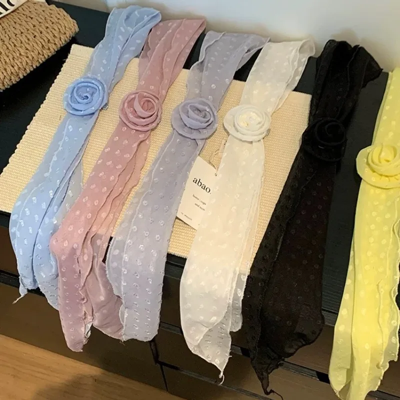 Korean Thin Polka Dot Rose Silk Scarf for Women Spring Summer Premium Fashion Versatile Neck Tie Flower Hair Band Belt Scarf