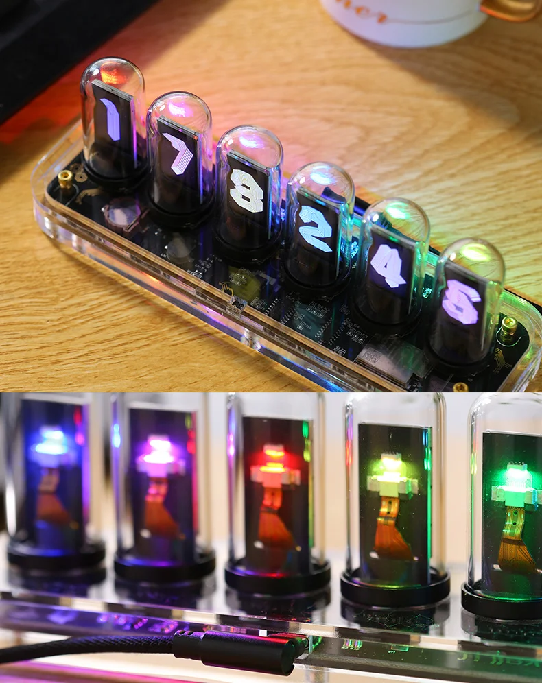 Modern Exquisite Glow Nixie Tube Clock Multifunction RGB Mobile App Editable Ips Display Desktop Ornaments Tabl Nixie Clock