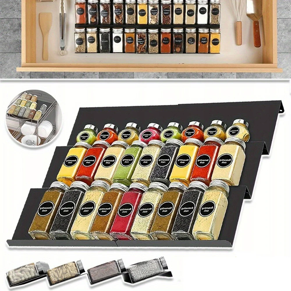 Étagère à Épices et Assaisonnements, Organisateur de Tiroir à Épices, Plateau à Épices Extensible à 3 Niveaux, pour Bocaux à Épices, Condiments