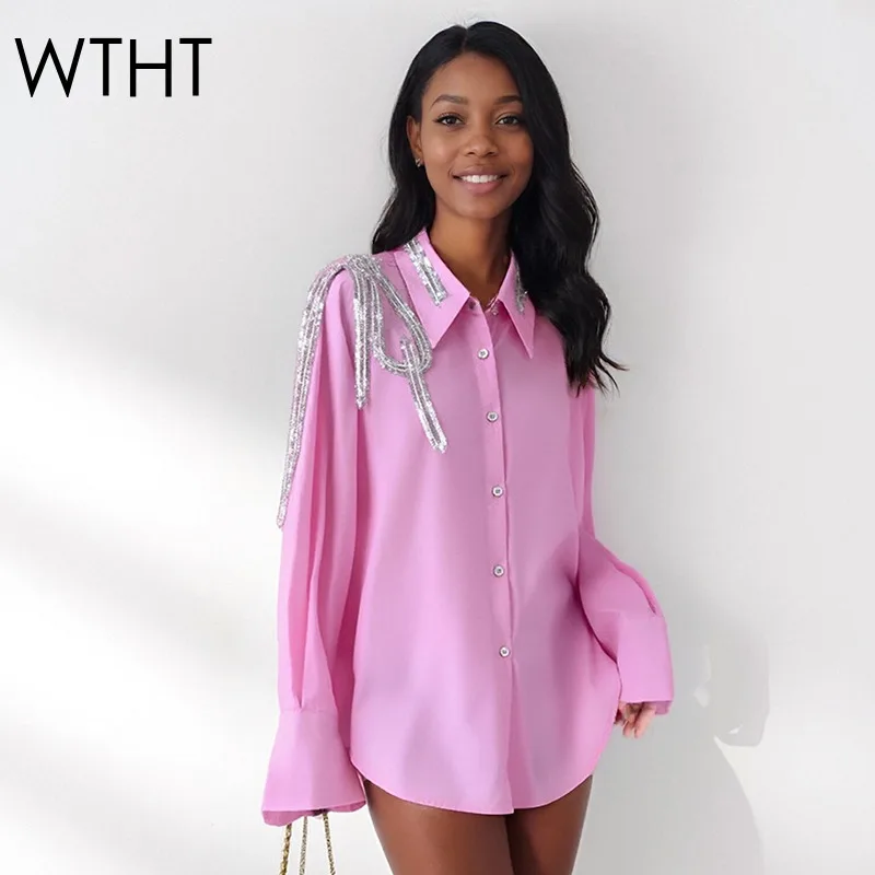 

WTHT модная женская рубашка для тяжелой промышленности с блестками и бантами, осень 2022, модная блузка с длинными рукавами и лацканами, женская 1LS2536