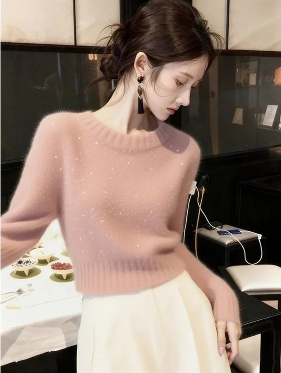 

Soft Slouchy Pink Sequin Knitwear Women's Autumn Winter Unique Beautiful High-End Korean Sle Hooded Sweater Loose Fit Regul...