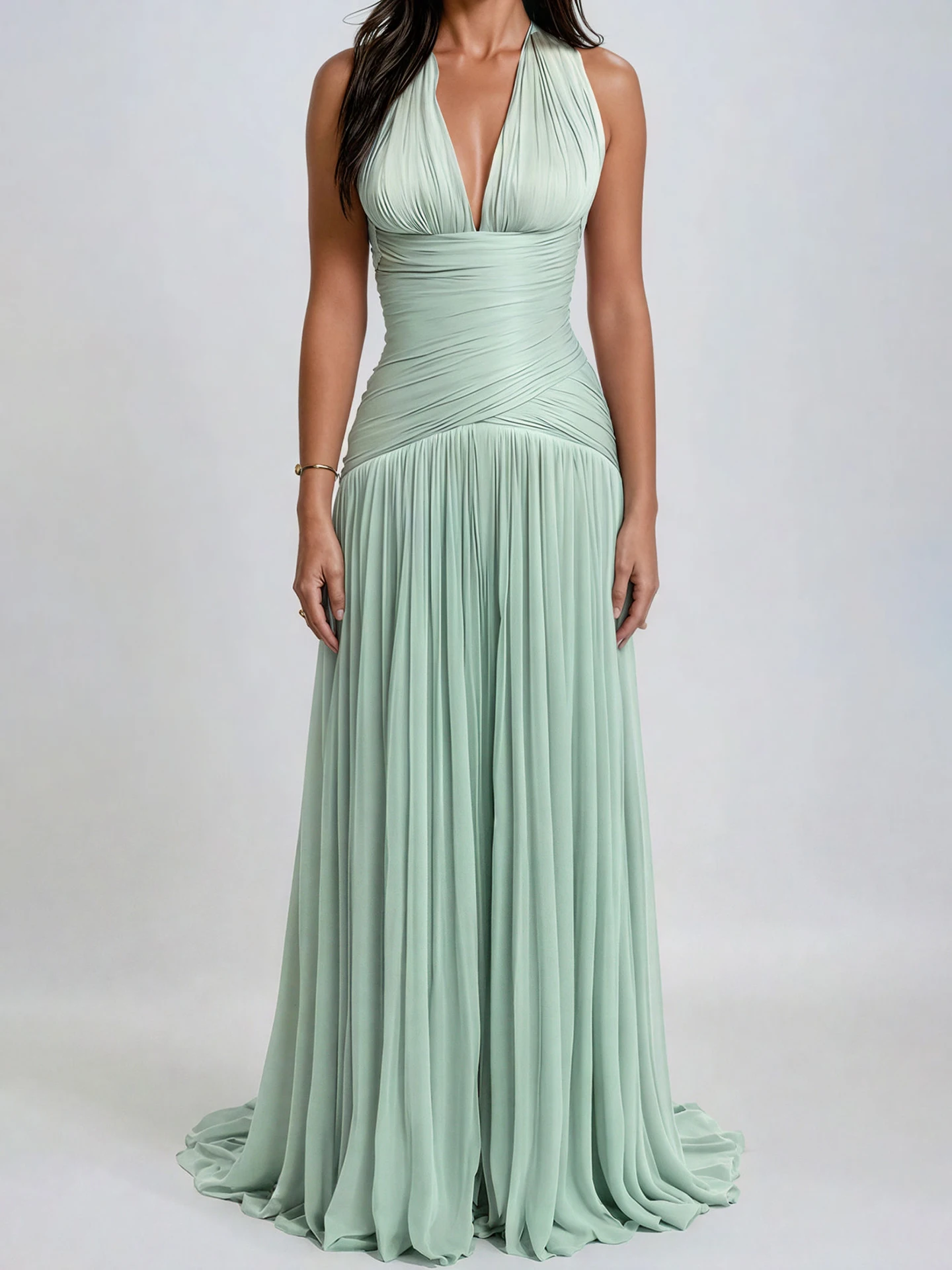 

VGH Sexy V-ne Gown Pleated Floor-length Dr French Sle Polyester Cotton Blend A-line Skirt Ba Button Closure