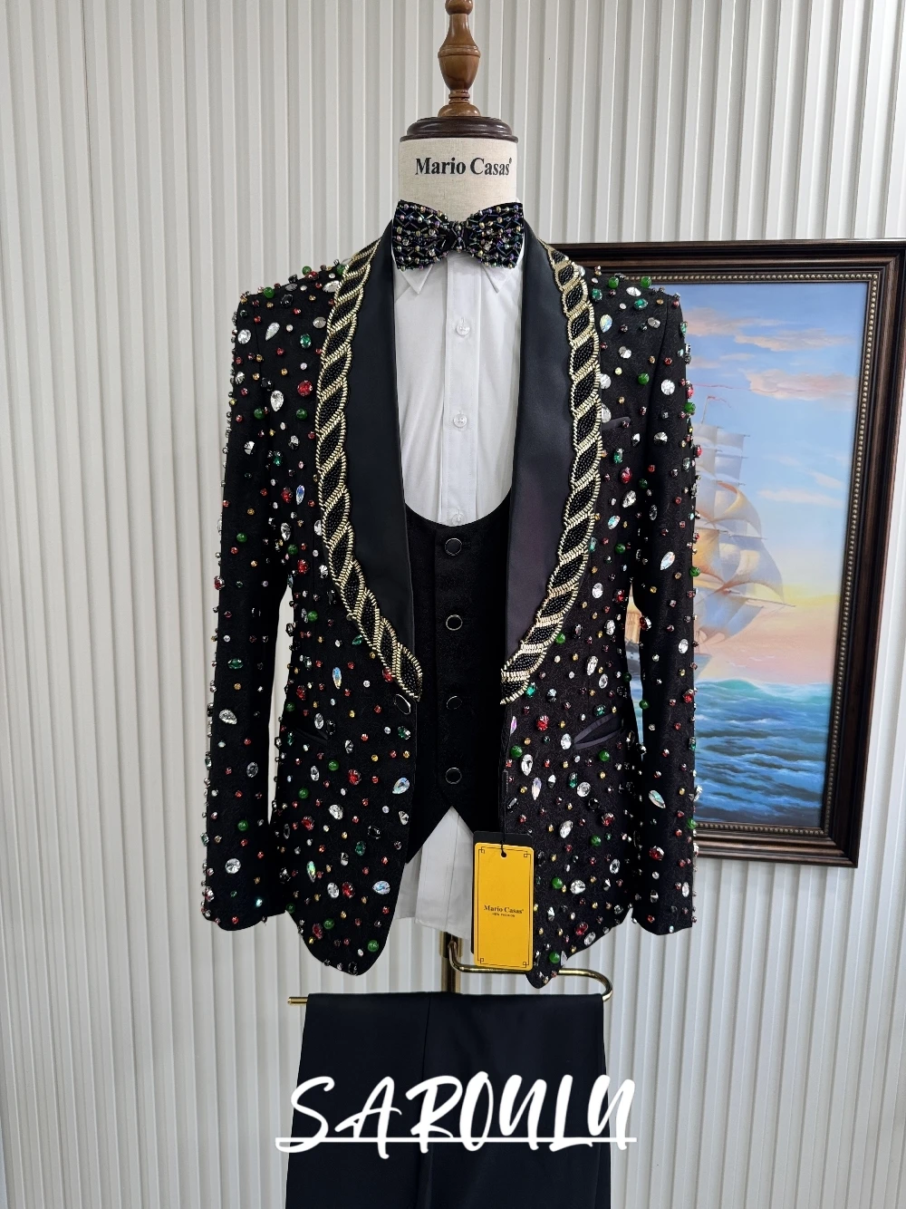 

Уникальный мужской костюм-тройка ручной работы с камнями, черный, модный, блестящий, для выпускного вечера, с шалью-воротником, блейзер, жилет, брюки