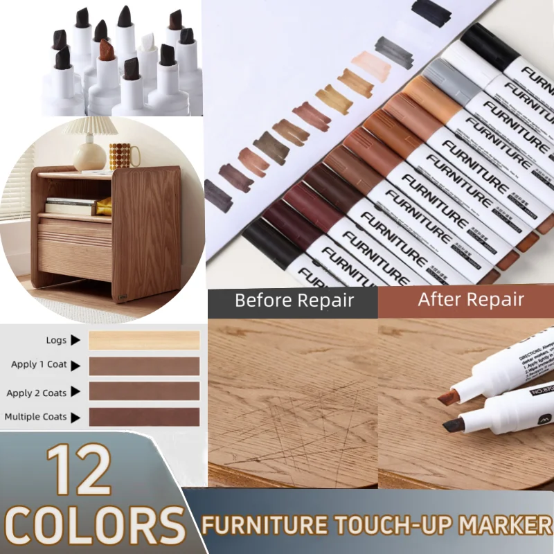 12 Colors Wood Composite Grain Paint Furniture Touch-up Markers Pens Wood Floor,Furniture,Scratch coloring Repair Paint Pens