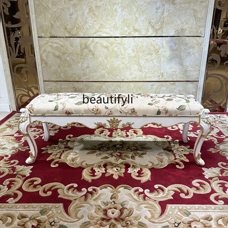 

ss8350 French fabric embroidered bedside stool, European solid wood bedroom bed sofa stool, luxury bedside bench