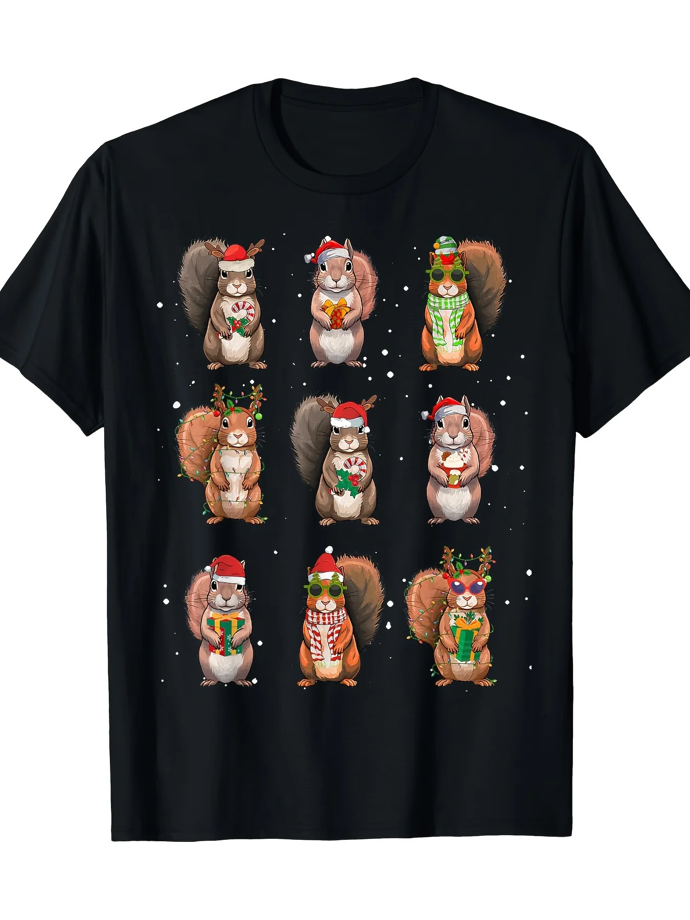 Men's Retro Christmas Squirrel Pattern T-shirt with Holiday Squirrel and Snowflake Printed T-shirt Suitable for All Seasons
