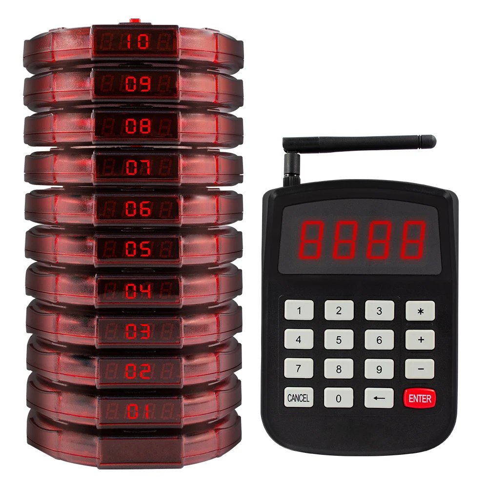 JINGLE BELLS Wireless Restaurant Waiter Coaster Paging System 1 Keyboard 10 Pagers 1 Charger Calling Queueing Service Buzzer
