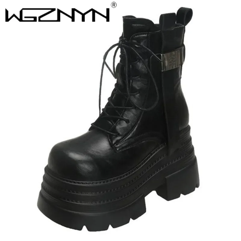 New Women Goth High Platform Ankle Boots Winter Warm Fur Chunky Snow Shoes Lace-up Sneakers Woman Leather Motorcycle Botas Mujer