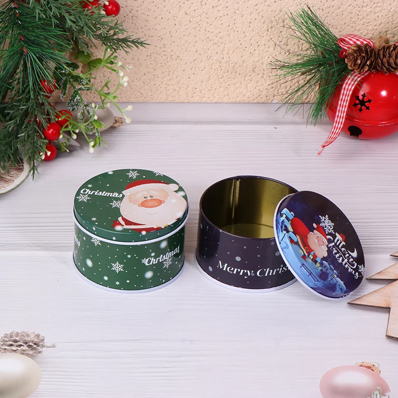 1Pc Tinplate Christmas Candy Can Round Cartoon Santa Claus Elk Letter Printed Box Xmas Candy Chocolate Cookie Box Small Gift Box
