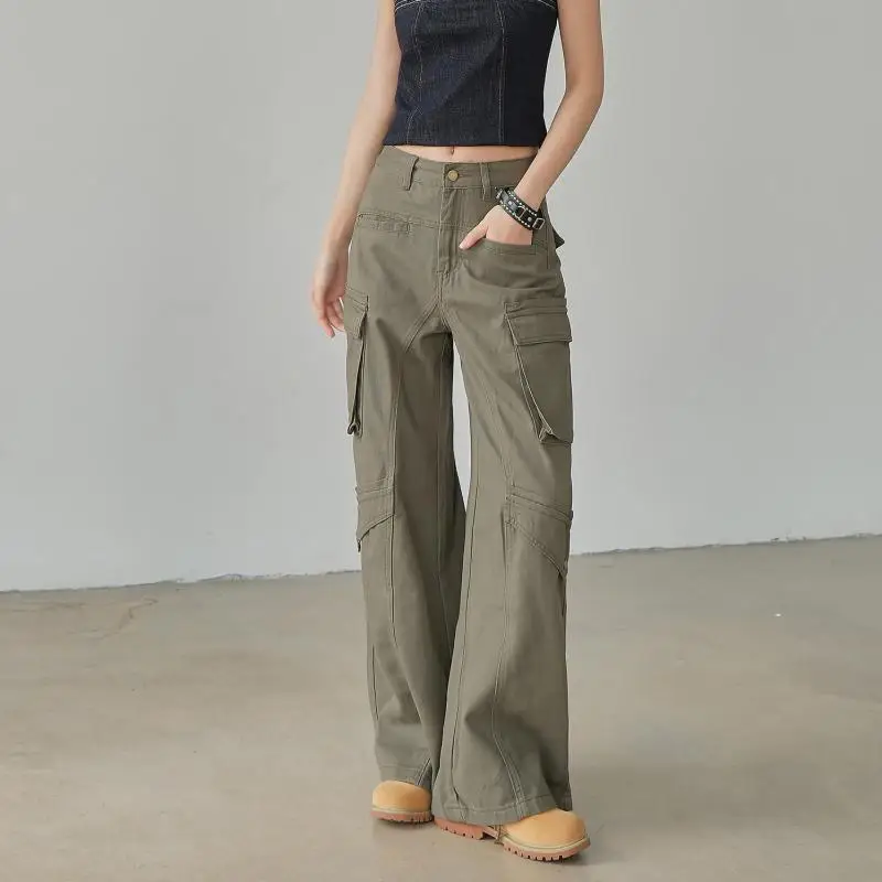ZHISILAO Vintage Casual Cargo Pants Women Y2k Pocket Wide Leg Straight Trousers Autumn Winter 2025