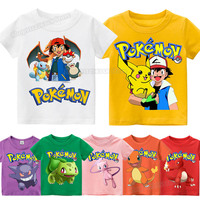 Pokemons Children T-shirt Summer Cotton Tops Pikachu Ash Squirtle Bulbasaur Charmander Anime Figure Print Tee Shirt Kids Clothes