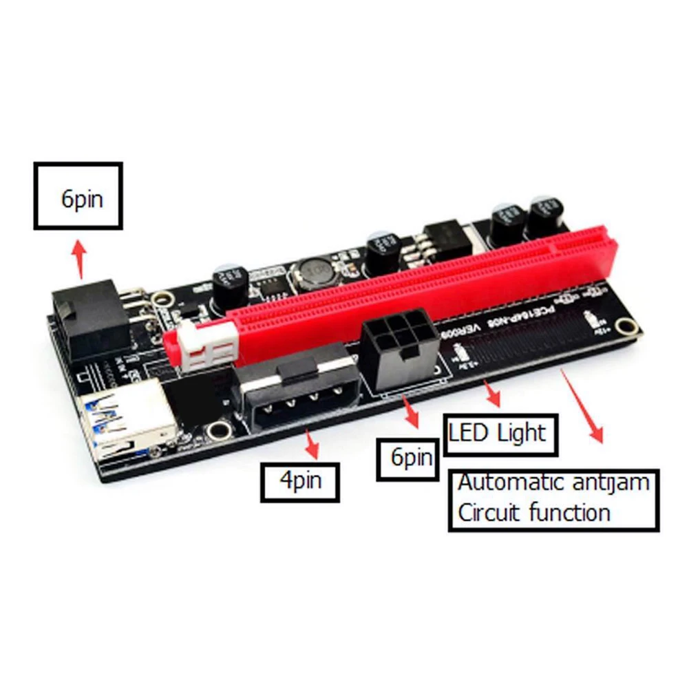 Ver 009S USB 3.0 PCI-e Riser PCIe PCI Express 1X à 16X carte adaptateur d'extension câble d'alimentation 6 broches 130x44x5mm