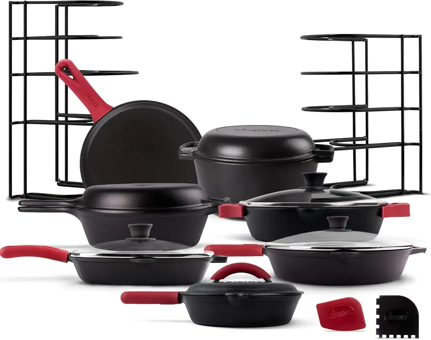 

Cuisinel Cast Iron 23-Pc Cookware Set - 8" Skillet + Cast Iron Lid ,12"+Lid , 10" Braiser with Lid, Grill Pan ,Lid ,Griddle