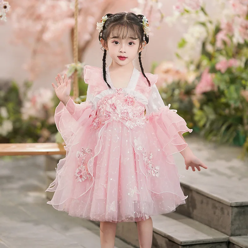 Hanfu Girls Ancient Clothes Party Dresses Summer Kids Chinese Style Super Immortal Children's Short Sleeve Tang Dress