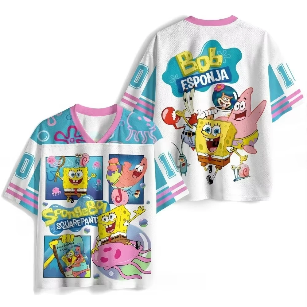 Family Matching Energetic SpongeBob SquarePants Cartoon 3D Printed Mesh Jersey Style T-shirt, Contrasting Breathable Top