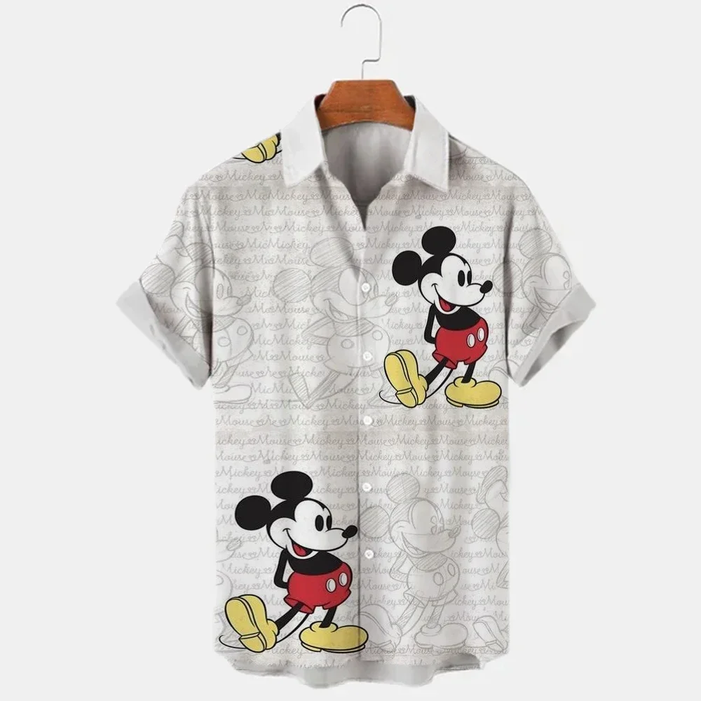 New Men\'s Lapel Cartoon Anime Mickey Mouse Print Button Short Sleeve Shirt Men\'s Casual Street Disney Shirt S-5XL Summer 2023