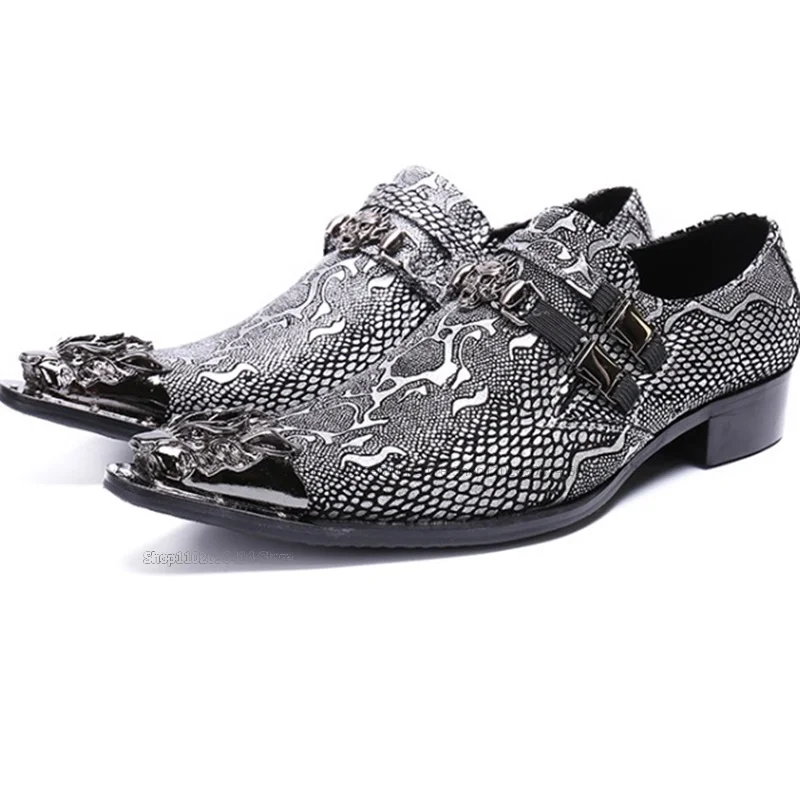 

Skull Decor Silver Snakeskin Men Shoes Korean Style Male Shoes Men Handmade Runway Party Wedding Fashionable Deluxe Novel Shoes