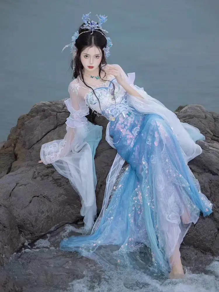 Yunjian Shanze[Bright moon on the sea]Blue dress style dress, strapless lower skirt, split style dress