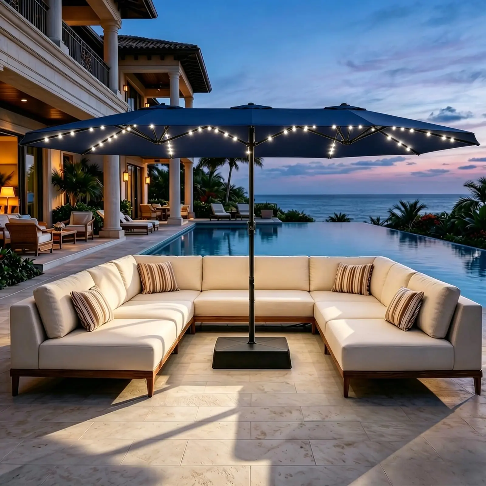 

15ft Large Patio Umbrella with Lights, Waterproof Double-sided Outdoor Sunshade With Weighted Base For Poolside Garden Backyard