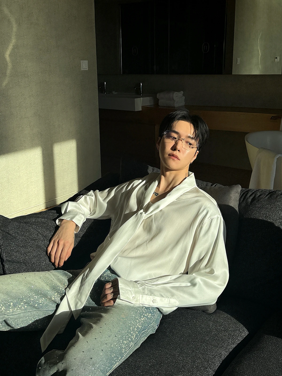 

Men's White Long Sve irt Draped mat Sle Korean Trend Spring Autumn Casual Comfortable Breathable Polyester