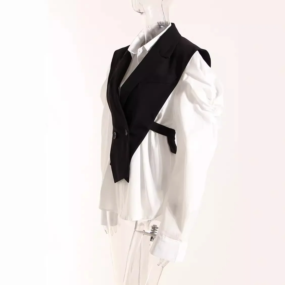 2025 Spring New Korean Edition Noble Top Slimming Bubble Sleeves White Shirt Waist Strap Vest Two Piece Fashion Trendy Set