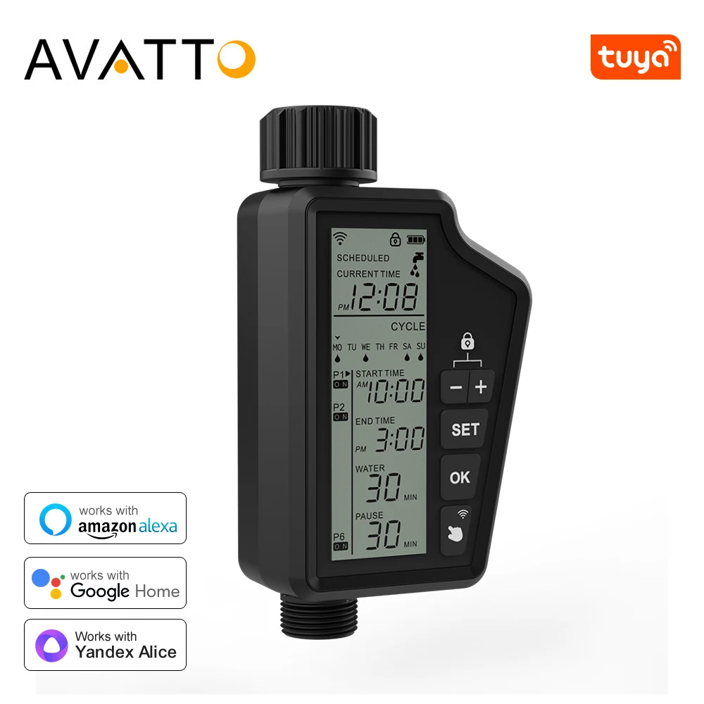 AVATTO-Temporizador de riego inteligente para jardín, controlador de riego automático a prueba de agua para Alexa y Google Home, Tuya, WiFi, UE/EE. UU.