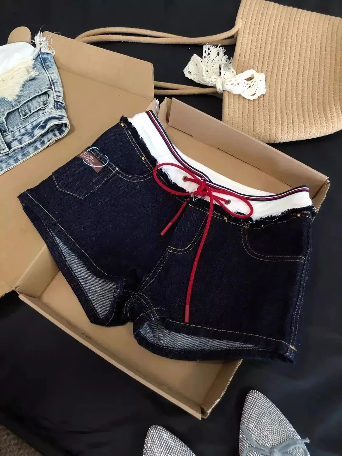 

Spice Girl Contrasting Waist Jeans Children's Summer New Splicing Low-rise Hot Pants