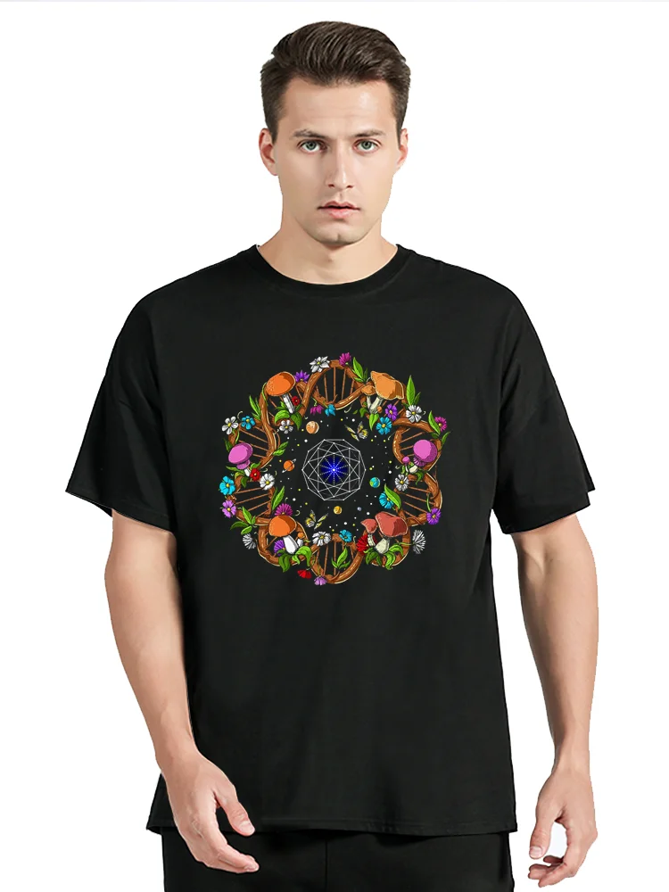 Psychedelic Forest Sacred Geometry Mushrooms Cottagecore Tshirt Men Women Short Sleeve Cotton T-Shirt Men Clothing Tees Tops