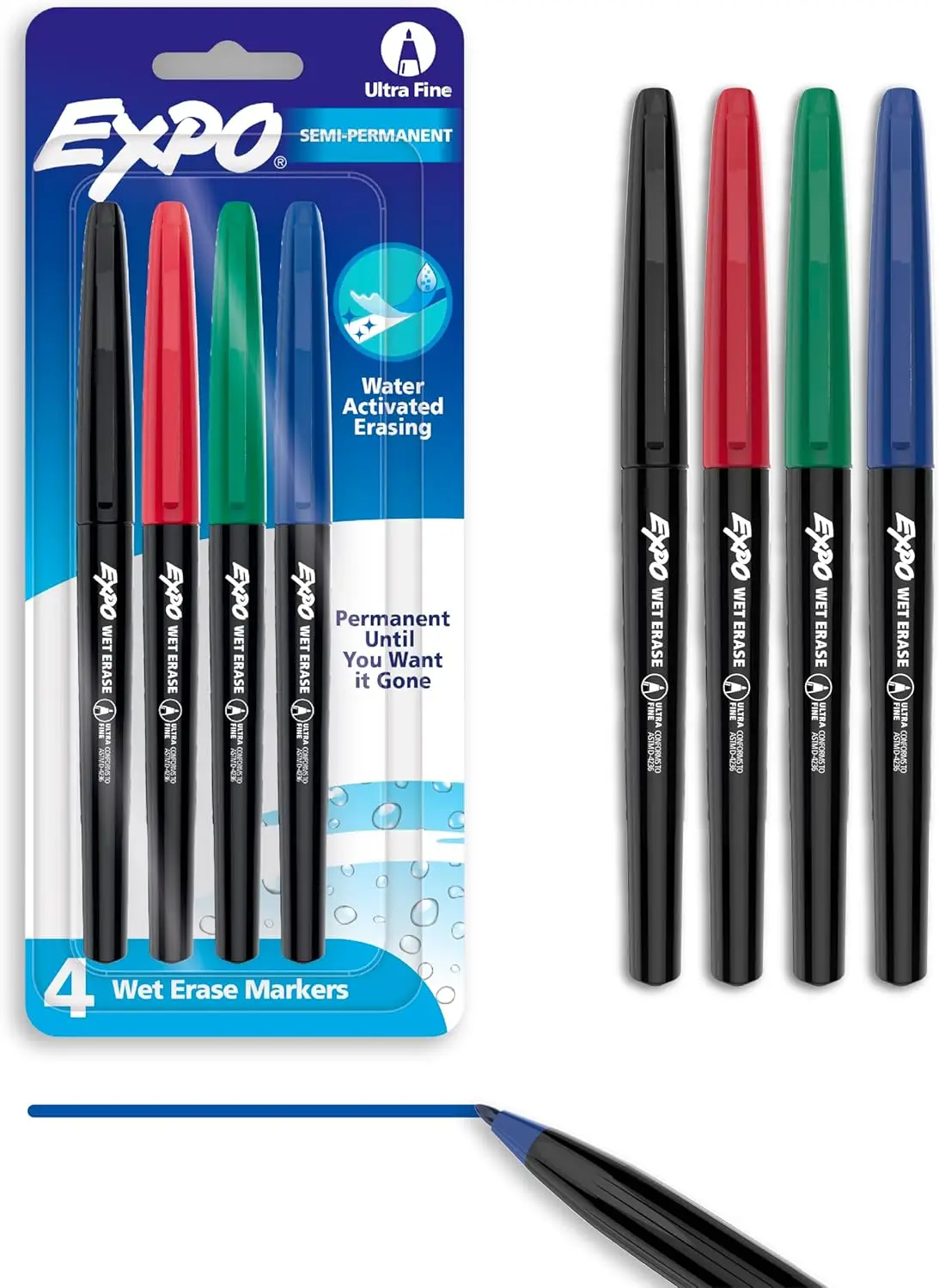 

Wet Erase Markers, Semi-Permanent, Ultra Fine Point, Assorted Colors, 4 Pack