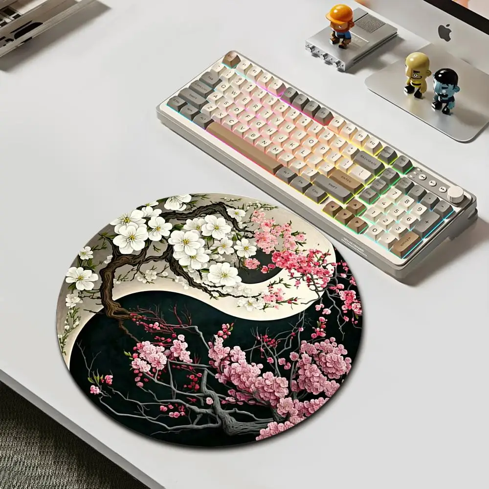 

HYBXAXC Japanese sakura Round Mouse Pad Small Tai Chi Desk Mat Non-Slip Rubber Office and Home Mouse Mat