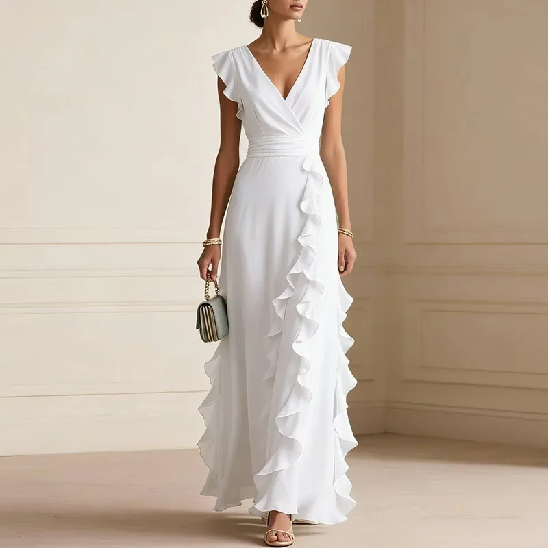 Bohemian Chic Solid Ruffle Pleated Party Dress Woman Sexy V Neck High Waist Long Dress Spring Summer Butterfly Sleeve Maxi Dress