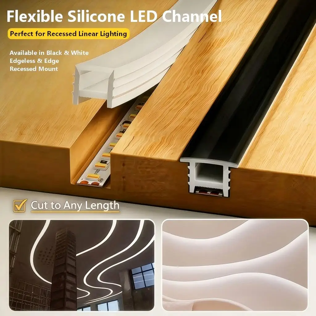 Perfil de Silicona para Tiras LED, Difusor Flexible, Montaje Empotrado, Sin Roscas, Borde Sin Flanqueado, Negro/Blanco