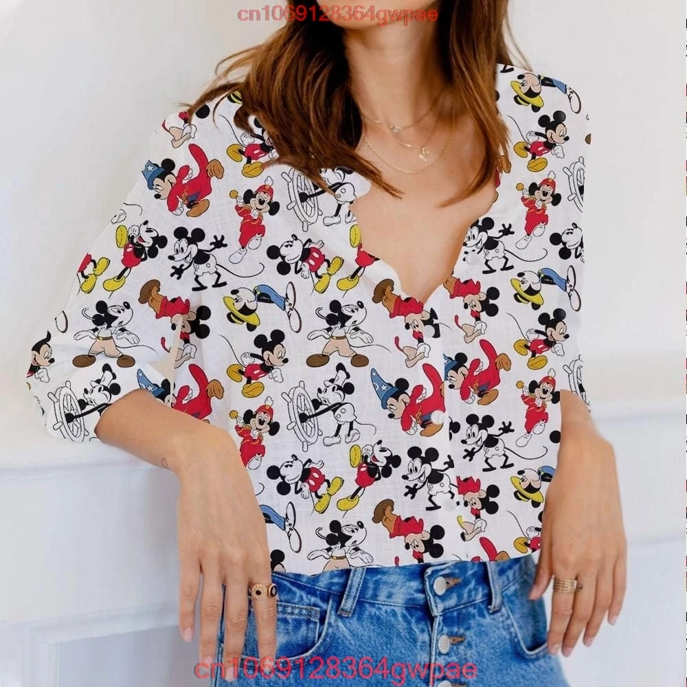 Disney Mickey Mouse Women\'s Shirt Fashion Elegant Long Sleeve Button Up Shirt Disney Women\'s Hawaii Shirt Casual Beach Shirt Top