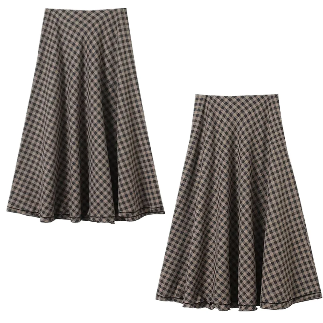 

Maxdutti Minimalist Top Quality Cotton Blend Plaid Skirt French Elegant Retro Coffee Checked Skirt Woman Clothing Faldas Skirts