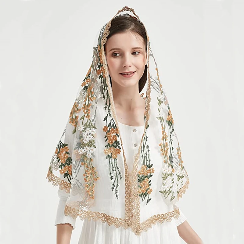 Wildflowers Lace Mantilla Chapel Veils Catholic Gold Lace Edge Head Covering Wrap Shawl Rectangle Floral Colorful