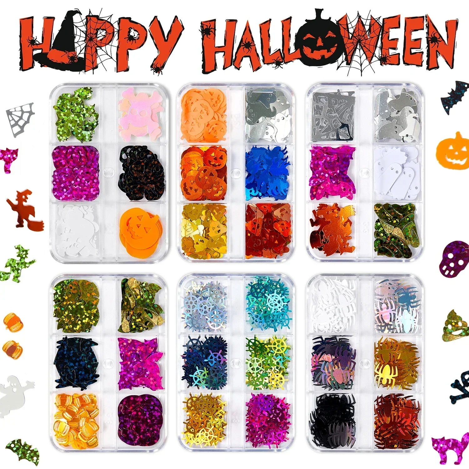 

6Colors/Set Halloween Nail Sequins Nail Charms Halloween Nail Art Face Body hristmas Ghost Skeleton Design Glitters Party DIY