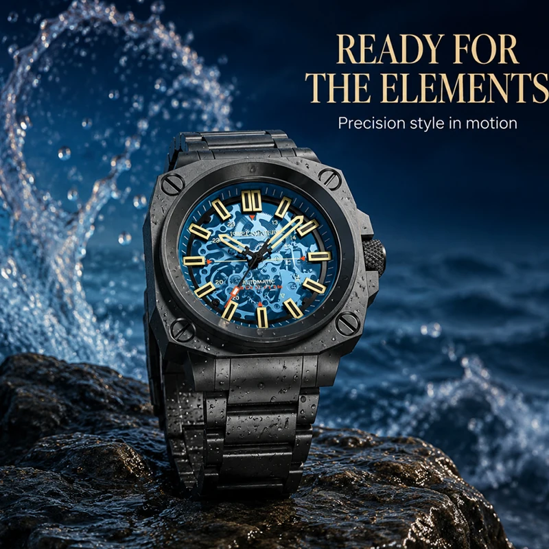 FeelNever Mechanical Man Watch Rugged Luxury Casual Sports Stainless Steel Hollow Out Waterproof Luminous Automatic Watches Male