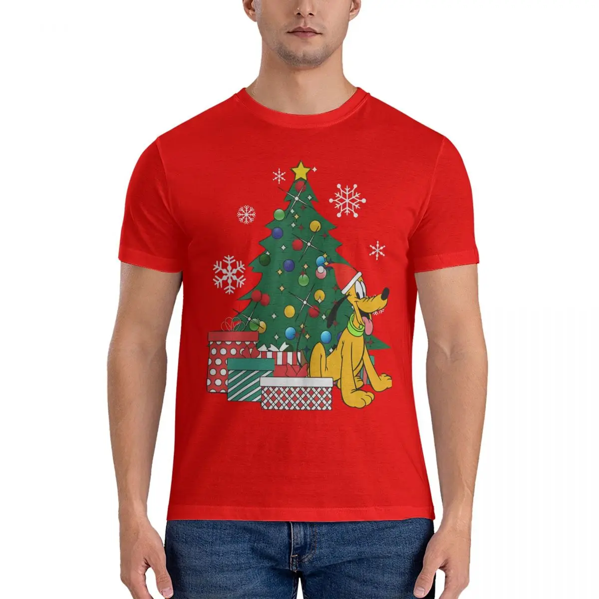 Christmas Tree T Shirt  100% Cotton Creative T-Shirt Round Neck Disney Cartoon Character Pluto Tee Shirt Short Sleeve Clothing