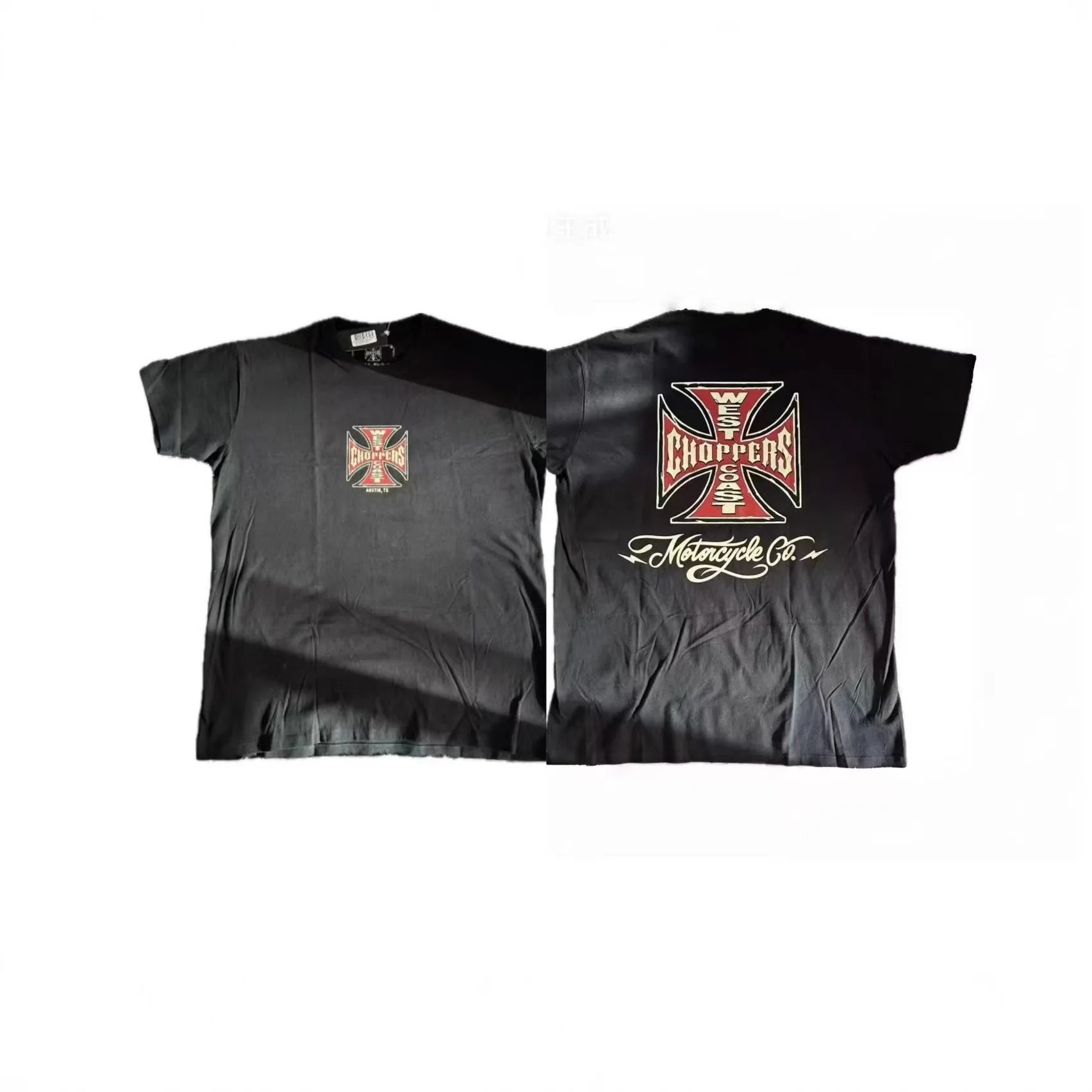 West Coast Choppers Cross-Print Washed Water-Damaged Loose Retro Short-Sleeved T-Shirt for Men and Women