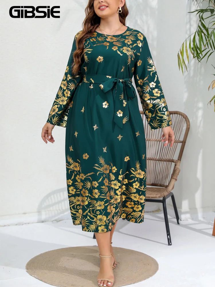 GIBSIE Plus Size Women\'s Gold Print O-Neck Belted Dress 2024 Spring Fall Ladies Vintage Loose Casual Long Sleeve Maxi Dresses