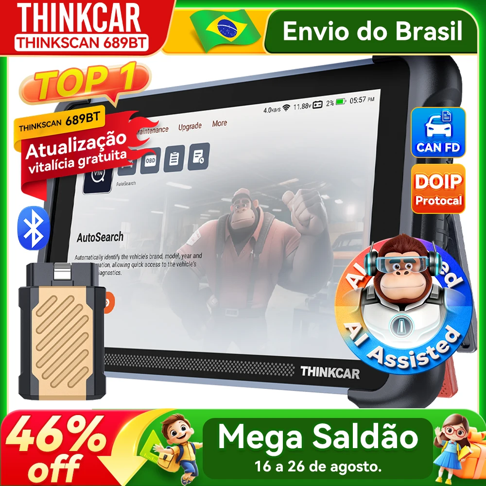 Versão Global THINKCAR THINKSCAN 689BT Ferramenta de Diagnóstico OBD2 DOIP CANFD Codificação Bidirecional de ECU 35 Redefinições Atualização Gratuita Vitalícia