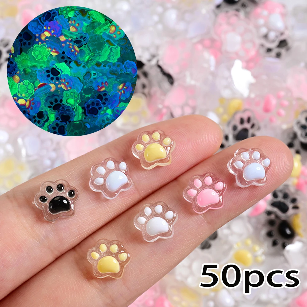 50 Stuks Leuke Doorschijnende Kat Poot Nail Art Charms Glow In The Dark Hars 3D Kat Poot Nail Decorat Platte Achterkant kat Poot Nail Steentjes