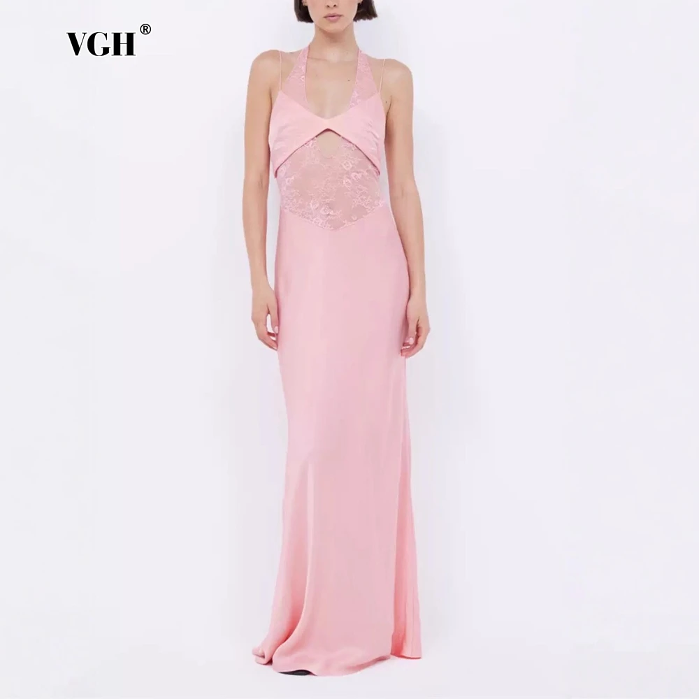 VGH เซ็กซี่ Spliced SHEER ตาข่ายลูกไม้ชุดผู้หญิง Halter แขนยาวเอวสูง Backless Slim ความยาวชั้นชุดหญิง