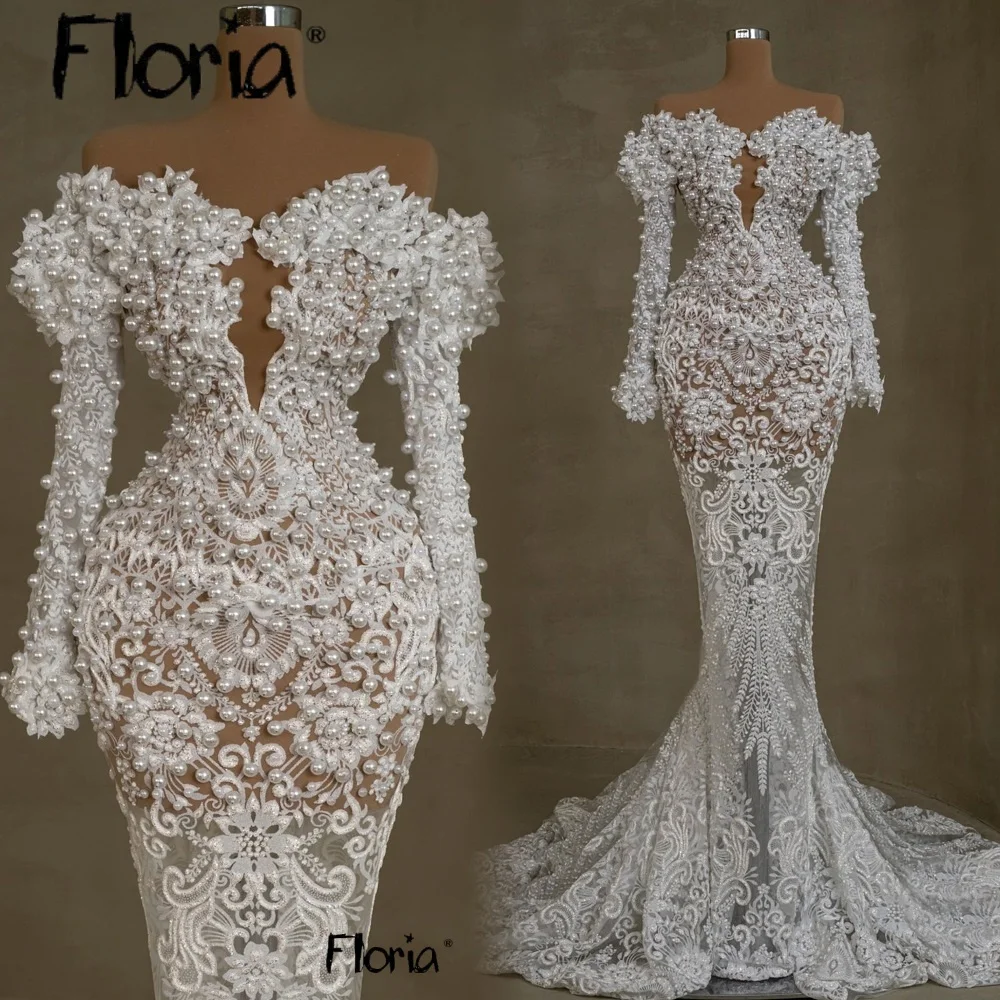

Customized 2025 Luxury Mermaid Wedding Dresses For Women Off Shoulder Bridal Gown Pearls Sequins Robe Train vestidos de novia