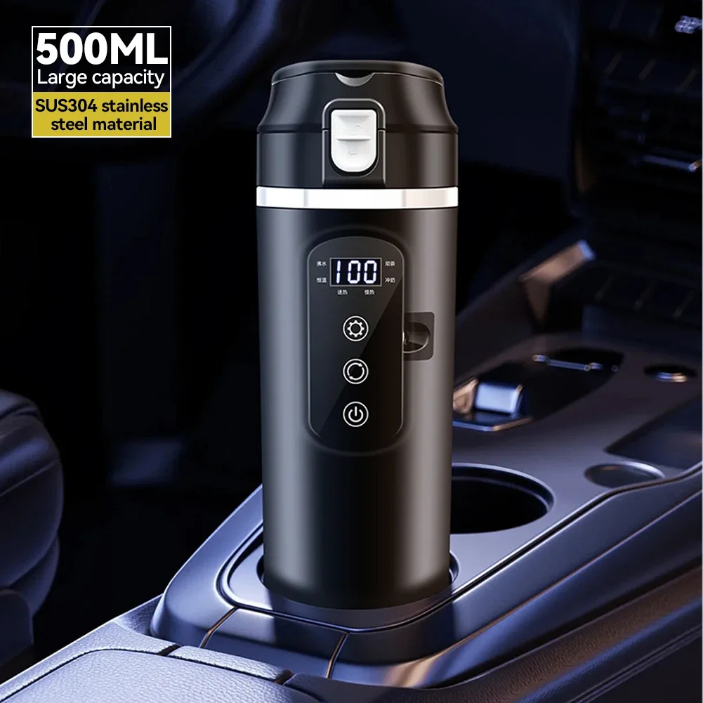 500ml Stainless Steel Car Heating Cup 12V/24V Smart Temperature Control Electric Kettle Stainless Steel Cup Water Warmer Bottle