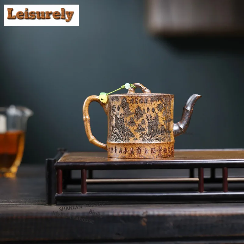 240ml  Yixing Purple Clay Teapots Handmade Panda Bamboo Pot Raw Ore Wood-fired Porcelain Mud Kettle With Strainer Zisha Tea Set
