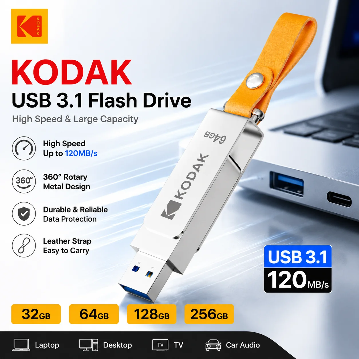 KODAK K133 Metal USB Flash Drive USB 3.1 256GB 128GB 64GB 32GB High Speed Memory Stick 120MB/s Rotating Pen Drive for PC Laptop