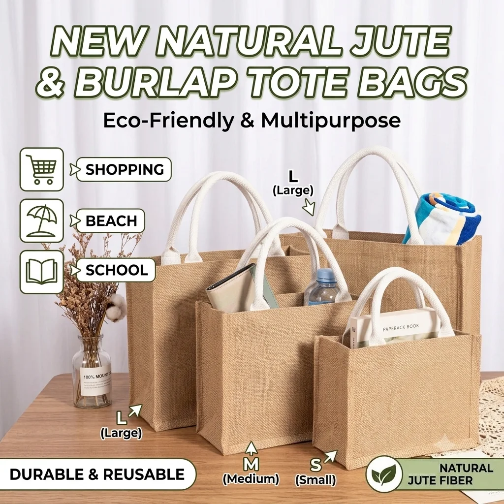 New Burlap Tote Bags Mini Burlap Beach Bags Portable Jute Tote Bag Multipurpose Burlap Hand Bags For Shopping Trips Beach School
