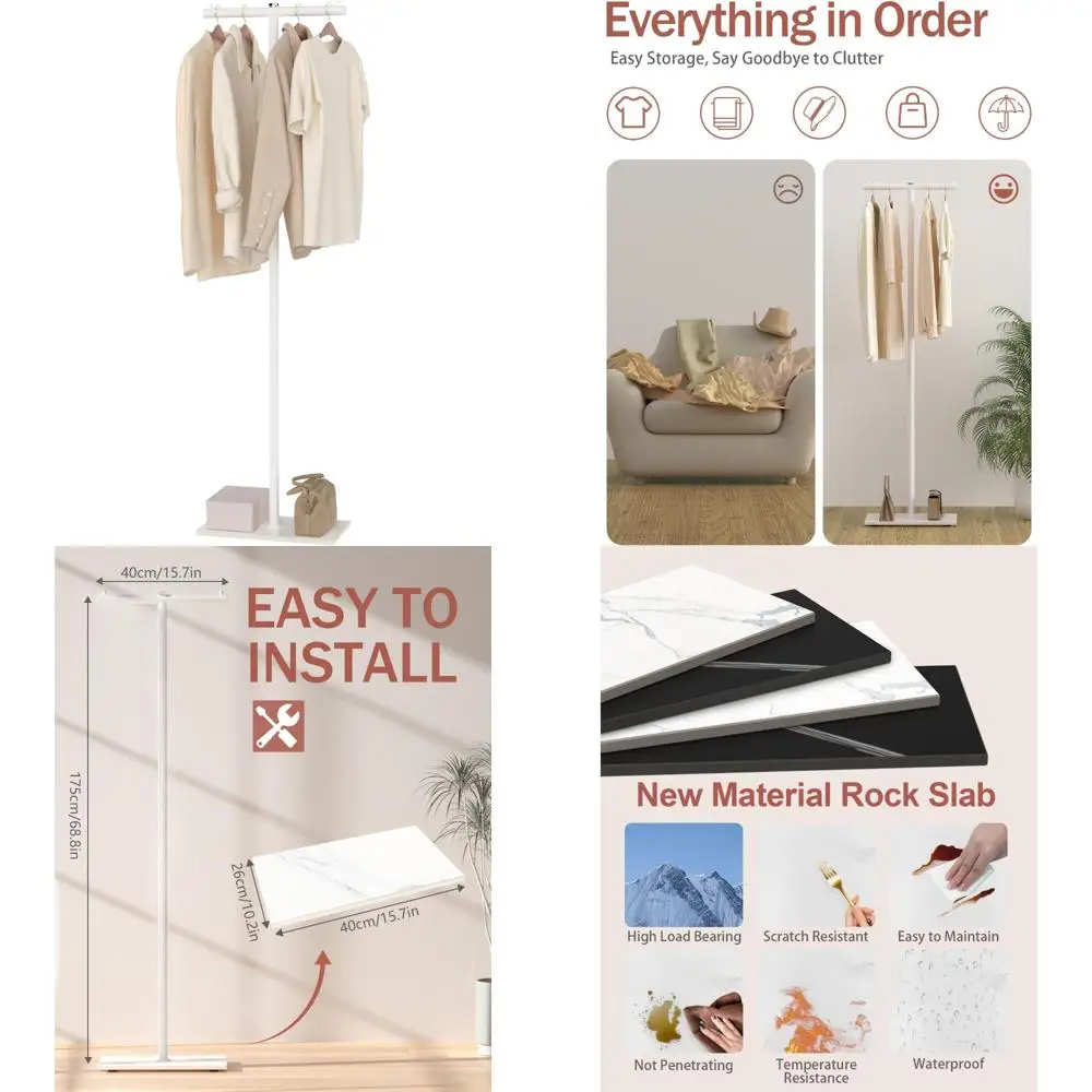 

Modern Freestanding Heavy-Duty Metal T-Shaped Coat Rack with Rock Slab Base for Boutiques, Hallway, and Entrance Areas